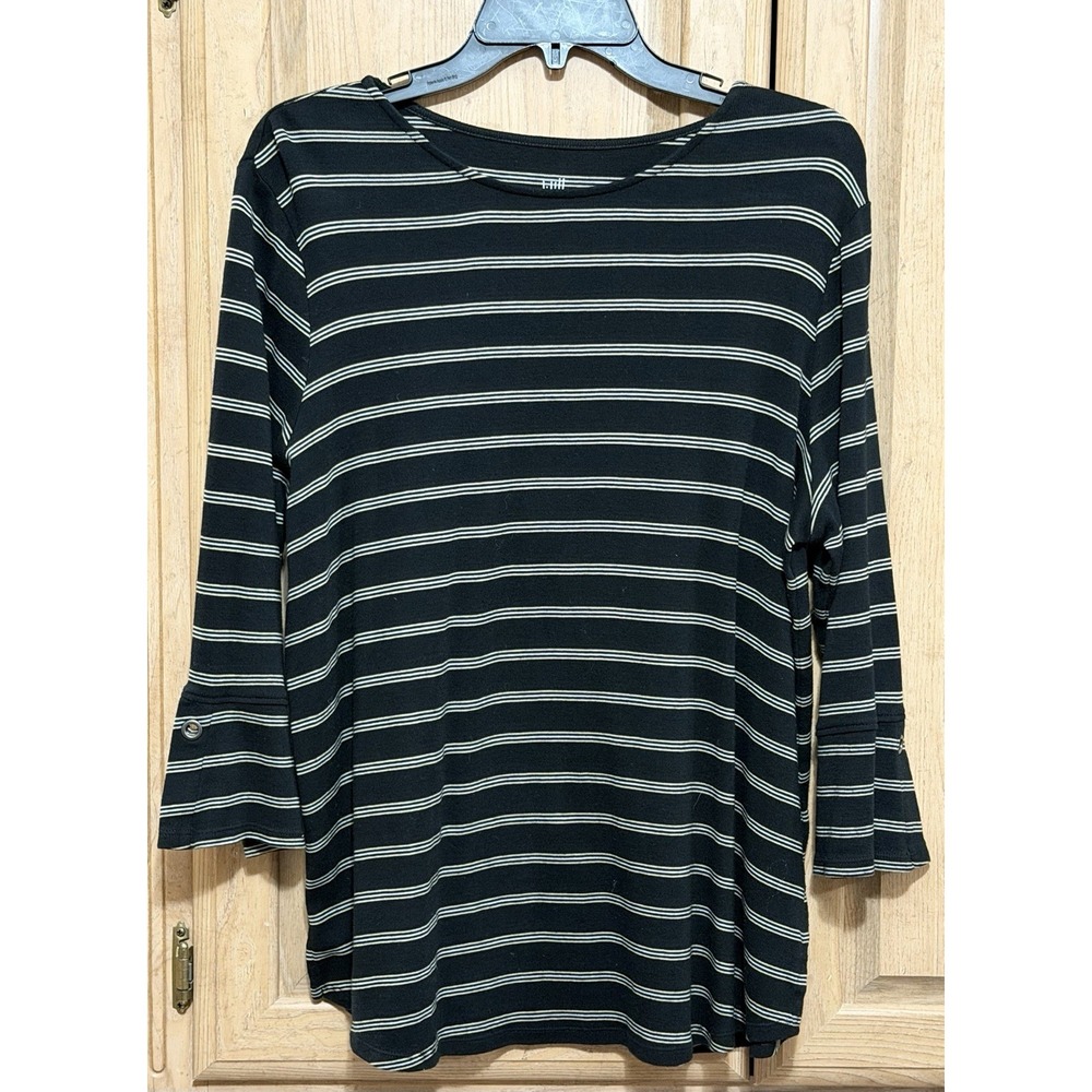 J Jill Womens Top Pullover Sz Large Bell Sleeves 100% Pima‎ Cotton Black Striped